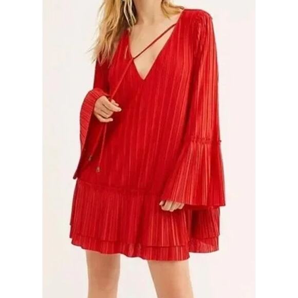 Free People Dress Can't Help It Red Plisse Pleated Festival Boho Gypsy Artsy - Picture 1 of 8